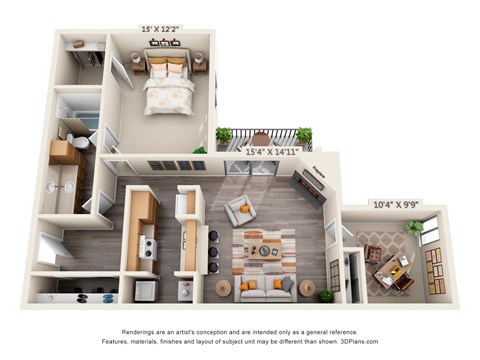 Floor plan for 1 bed, 1 bath, 982 sqft